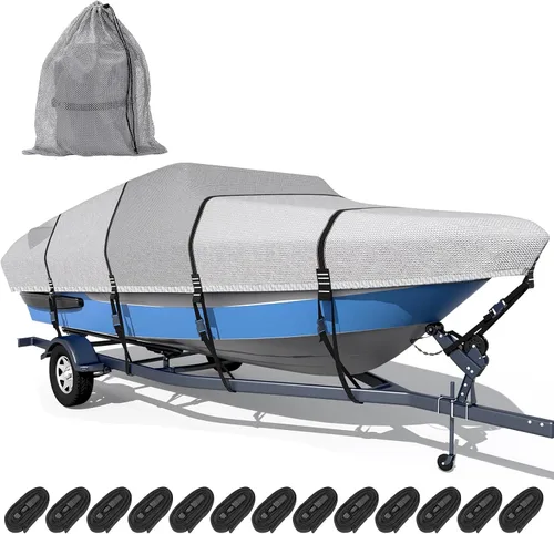 Vista 12 de Funda para barco 1600D + 1200D con bucles de 2 pulgadas de ancho para remolque y amarre, ultraduradera, impermeable, se adapta a Tri-Hull, V-Hull