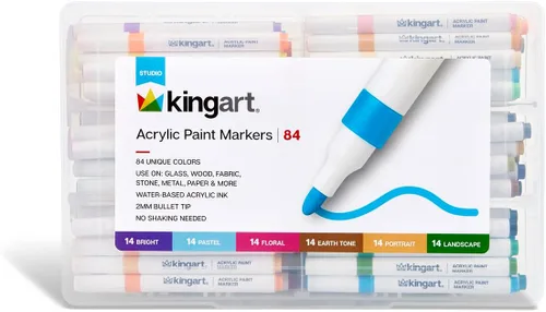 Vista 5 de KINGART 84-Piece Acrylic Paint Marker Set – 2mm Bullet Tip – Vibrant Water-Based Multi-Surface Art Pens for Rock, Glass, Wood, & Canvas – Large