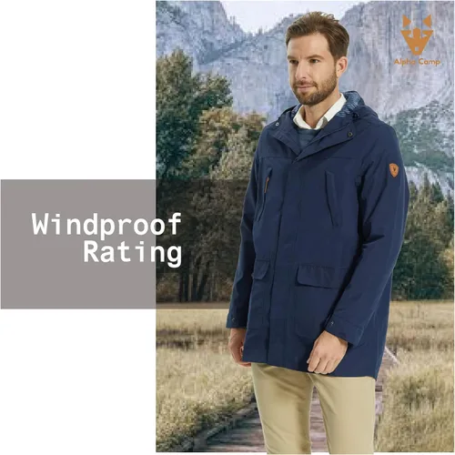 Vista 7 de ALPHA CAMP Men Waterproof Jacket with Hood Rain Coat Windbreaker All Weather Breathable Long Soft Shell
