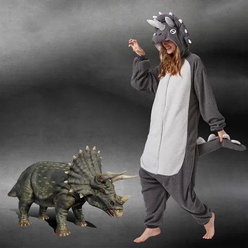 Vista 2 de Pijama de animal triceratops mameluco unisex adulto dinosaurio Navidad disfraz de una pieza cosplay para mujeres y hombres