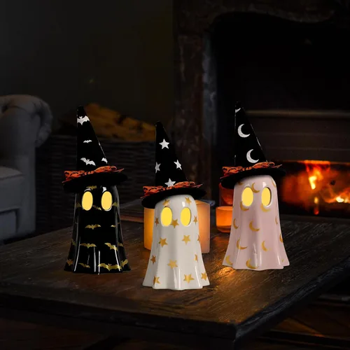 Vista 3 de DAZONGE Decoración de Halloween para interiores, juego de 3 fantasmas de cerámica con sombreros de bruja, bonitas figuras de fantasmas espeluznantes