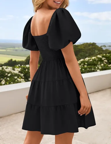 Vista 3 de ZESICA Mini vestido corto de verano bohemio 2025 con cuello cuadrado, manga abombada, hombros descubiertos, fruncido, escalonado, casual