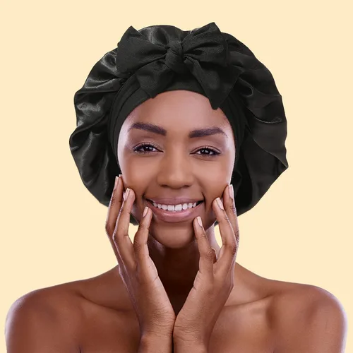 Vista 5 de Gorro de satén para mujer, con banda de amarre para el cabello, para dormir, grande de 2 capas, gorro de dormir de seda para dormir con 3 coleteros