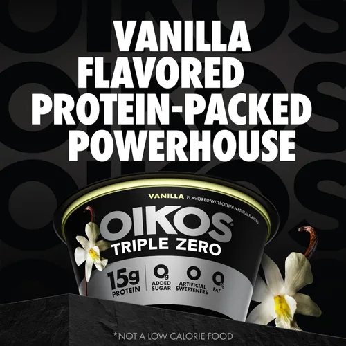 Vista 4 de Oikos Triple Zero - Yogur griego sin grasa, vainilla, 5.3 onzas, paquete de 4