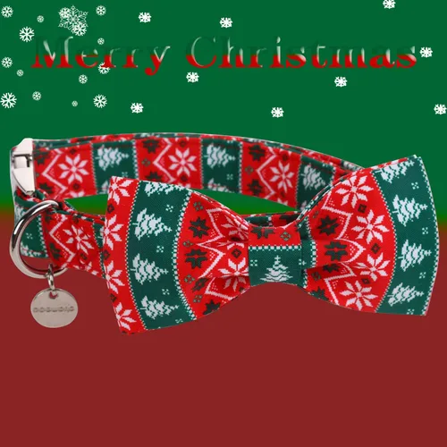 Vista 2 de Collar de Navidad para perro con pajarita, collar de perro de copo de nieve con tira roja y verde, suave, duradero, ajustable, de algodón