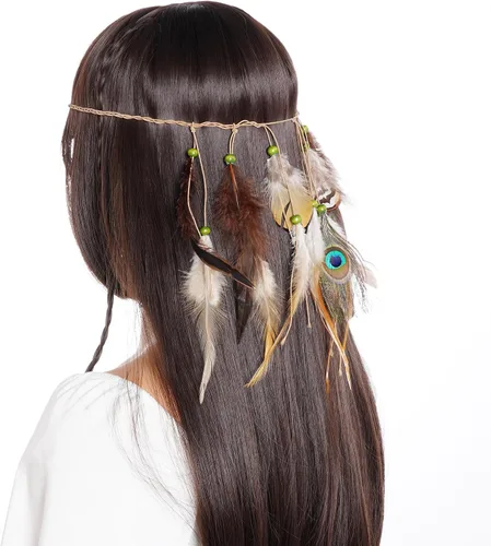 Vista 6 de Diadema de plumas indias, disfraz tribal nativo americano, vestido con plumas para mujeres y niñas