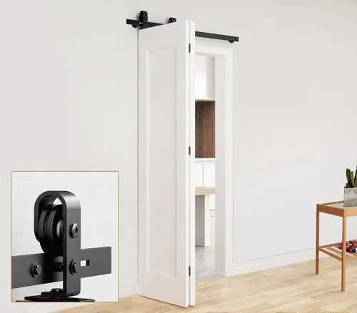 Vista 9 de Kit de herrajes para puerta de granero plegable de 52 pulgadas para 2 puertas, rodillo resistente montado en riel negro y en la parte superior, kit