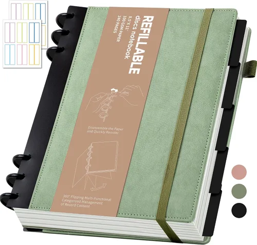 Vista 18 de Yoment - Cuaderno de diario de cuero para trabajo, recargable, 224 páginas, 100 GSM, papel grueso, cuaderno de 5 materias con separadores y pestañas