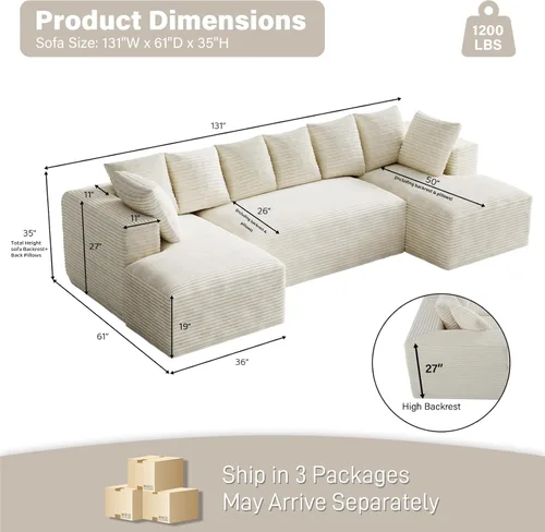 Vista 2 de Sofás seccionales en forma de U de gran tamaño de 131 pulgadas para sala de estar, cómodo sofá modular de pana esponjosa beige sin hueso, sofá
