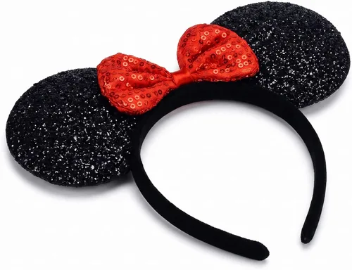 Vista 2 de Lucky Will Diadema de orejas de dibujos animados, diadema negra clásica con lazo rojo, bonito accesorio para el cabello para mujeres y niñas, fiesta