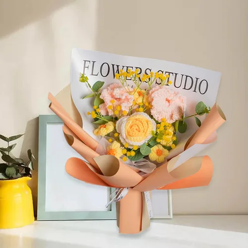 Vista 5 de Gralara Ramo de flores de ganchillo hecho a mano, flores artificiales, decoración del hogar, centro de mesa, plantas sintéticas para cumpleaños
