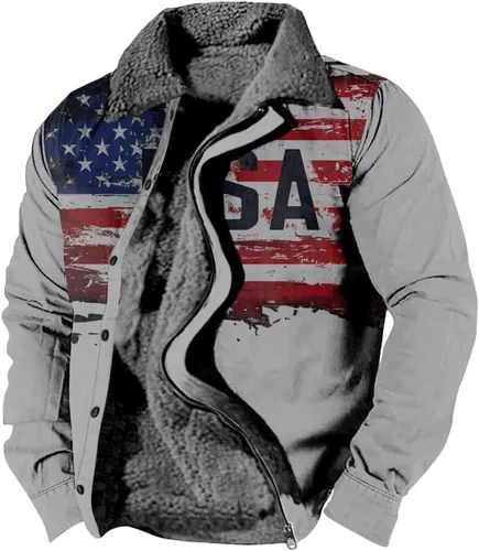 Vista 14 de LOAIHA Chaqueta de invierno para hombre, chaqueta de bandera estadounidense, abrigos occidentales para hombre, con cremallera, forro polar cálido