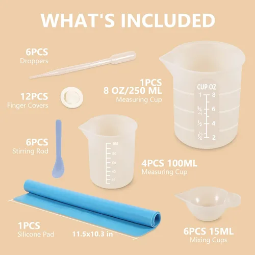 Vista 2 de KISREL Tazas de medición de silicona para resina, suministros de resina con tazas de silicona de 250&100ml, tazas de mezcla de resina, varillas