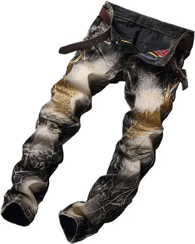 Vista 3 de utcoco Jeans clásicos de mezclilla para hombre, corte ajustado, cintura media, pierna recta, rasgados, desgastados, con parches de mezclilla clásicos