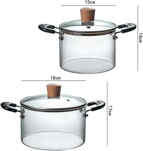 Vista 5 de Cacerola de vidrio con tapa, resistente al calor, olla de cocina de vidrio de borosilicato de madera con doble asa, cristalería transparente