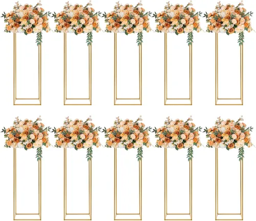 Vista 10 de 10 soportes de metal para centros de mesa de boda, jarrones de columna, soporte de flores de boda, soporte rectangular geométrico dorado
