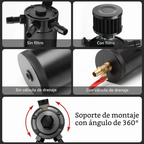 Vista 6 de Kit universal de tanque de reserva de aceite para coche de 150ml, compacto deflector de 3 puertos separador de aceite 2 entradas 1 salida negro