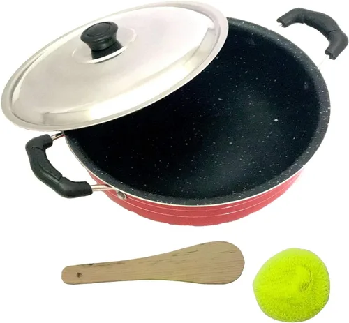 Vista 4 de GD Deep Kadai - Sartén antiadherente Kadhai Indian Karahi con tapa de acero inoxidable, sartén antiadherente, multiusos, utensilios de cocina, ollas