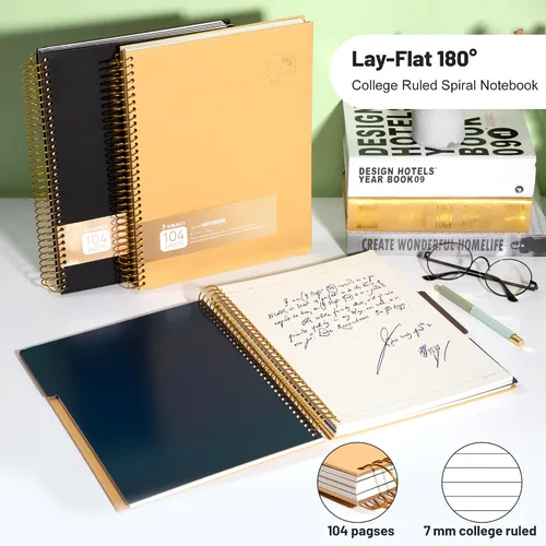 Vista 4 de Cuaderno de espiral grande de 8.5 x 11 con 3 divisiones, cuaderno de espiral de tapa dura para tomar notas, 120 hojas, cuaderno cuadriculado