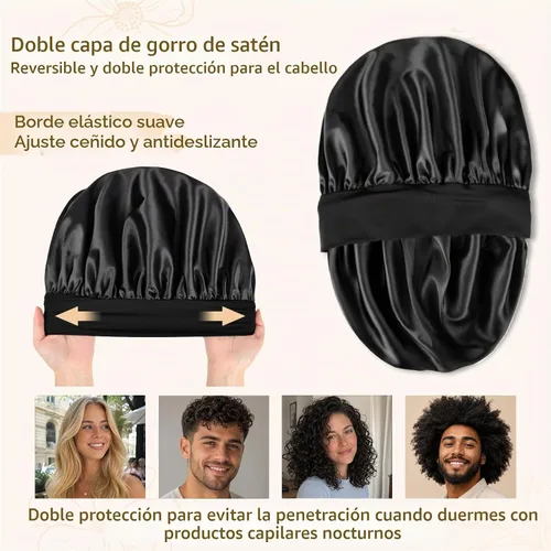 Vista 3 de YANIBEST Gorro de seda para hombres y mujeres, gorro de satén de doble capa para cabello rizado natural, gorro de dormir unisex Negro