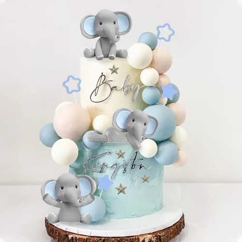Vista 6 de 32 piezas de decoración de pastel de elefante con mini elefante, bolas de perlas azules y blancas para suministros de cumpleaños con temática