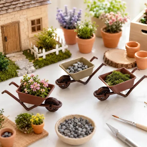 Vista 4 de LOGOFUN Carretilla de muñeca en miniatura modelo verde+marrón de 8 piezas