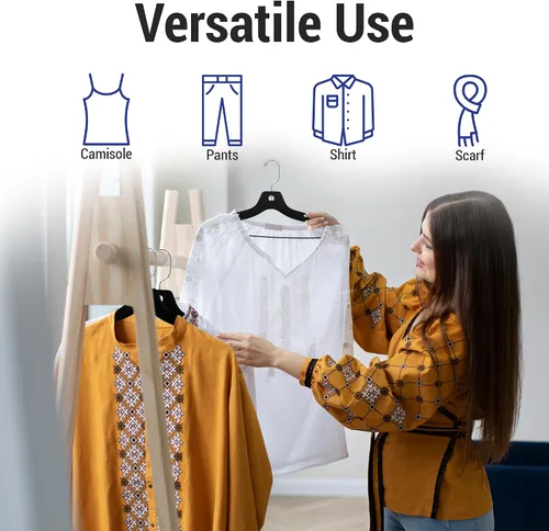 Vista 6 de Victory Display - Perchas de plástico negro resistentes para ropa, perchas delgadas que ahorran espacio con ganchos giratorios, colgador de plástico