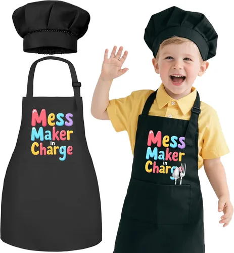 Vista 13 de Juego de Delantal y Gorro de Chef para Niños - Delantal de Cocina Ajustable para Niños con 2 Bolsillos, Negro, para Niños y Niñas de 3 a 8 Años