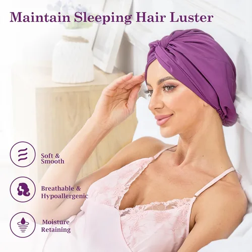 Vista 33 de Gorro de satén de seda ajustable para envolver el cabello para dormir, gorro de dormir de doble capa, turbante nocturno para cabello largo y rizado