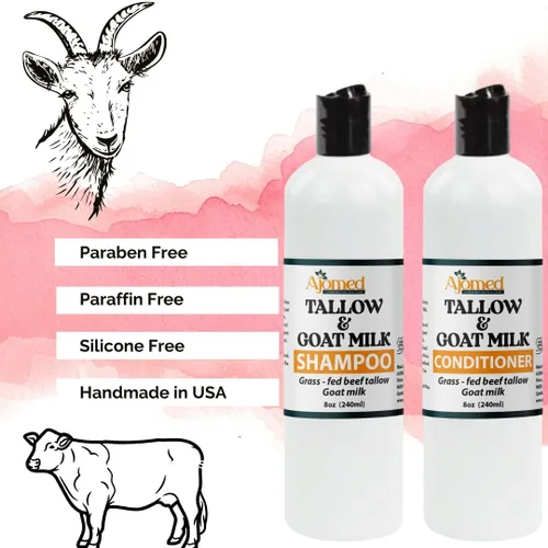 Vista 3 de JUEGO de champú y acondicionador de leche de cabra y sebo - Sin sulfatos, champú hidratante para mujeres y hombres (SIN FRAGANCIA)