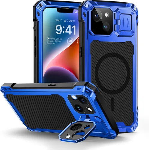 Vista 11 de Lanhiem Funda magnética de metal para iPhone 14, soporte de cámara integrado y protector de pantalla de cristal, resistente a prueba de golpes