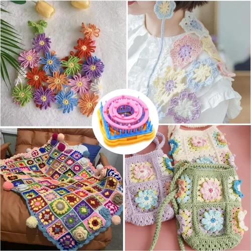 Vista 5 de RRigo Kit de telar de tejido, 8 telares de marco, lana de tejer, telares de tejer redondos/cuadrados, kit de manualidades multicolor