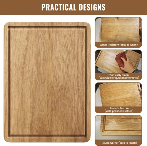 Vista 6 de Juego de 4 tablas de cortar de madera de acacia para cocina, tabla de cortar grande de madera con ranura para jugo, tabla de charcutería, tabla