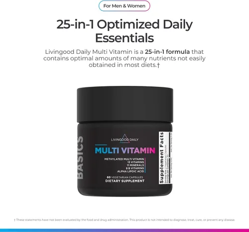 Vista 3 de Livingood Daily Multivitamínico metilado para mujeres y hombres, suplemento multivitamínico con ácido alfa lipoico, vitaminas B, hierro, zinc