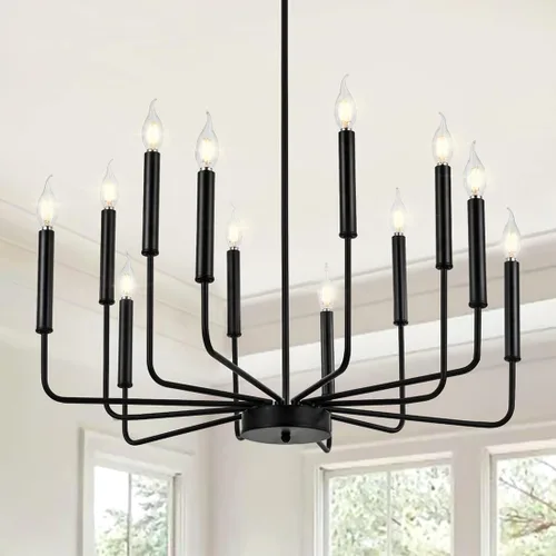 Vista 10 de Yiisem Candelabro Moderno de Granja Negro, Candelabro Rústico de 8 Luces, Candelabros Industriales Colgantes para Comedor, Sala de Estar, Cocina