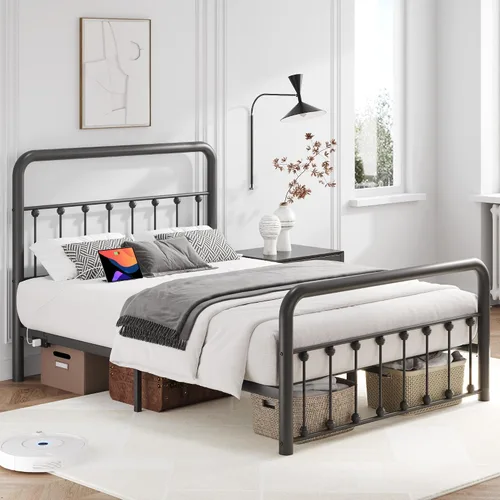 Vista 7 de Fluest Marco de Cama Full de 14 Pulgadas Marco de Cama de Plataforma de Metal Clásico con Estación de Carga y LED, Cabecero/Pie de Cama