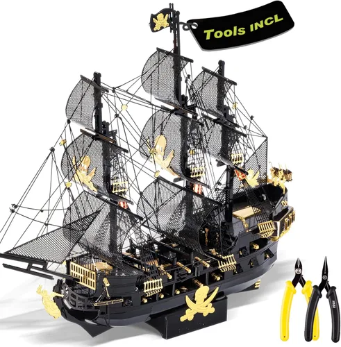 Vista 14 de Piececool - Rompecabezas de metal 3D para adultos, kits de construcción de modelos de barco pirata de La Reina Ana la Venganza, kit de construcción