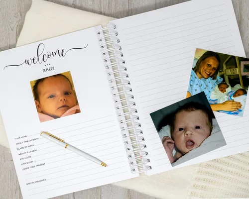 Vista 15 de Personalized Twin Baby Memory Book - Hardcover First Year Album Customized with Babies’ Names - Prompted Baby Journal (Blue Mountains)