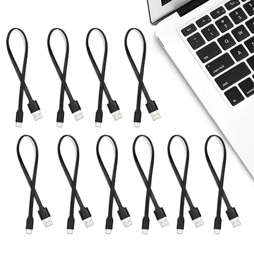 Vista 5 de Cable plano USB A a USB C de 1 pie, cable corto de carga rápida, paquete de Negro