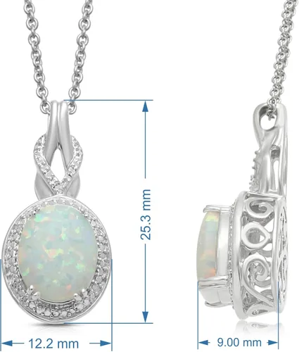 Vista 3 de Jewelili Collar con dije de ópalo ovalado creado para mujer con diamantes y piedra natal de octubre en plata de ley de 18 pulgadas, Metal, Ópalo