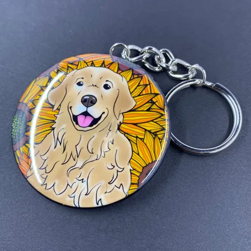 Vista 5 de Golden Retriever Sunflower Keychain - Floral Dog Key Ring - Pet Portrait Cartoon Art Gifts & Collectible Accessories