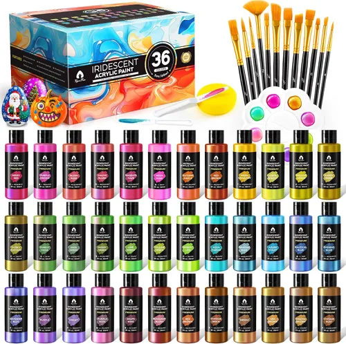 Vista 12 de Juego de pintura acrílica iridiscente de 40 piezas con 12 pinceles, 2 cuchillos y paleta, 24 colores (2 onzas/60 ml) - para adultos, artistas