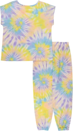 Vista 2 de Lucky Brand Conjunto de pijama de ajuste holgado de 2 piezas para niña, suave y lindo para niños Remolino arcoíris.