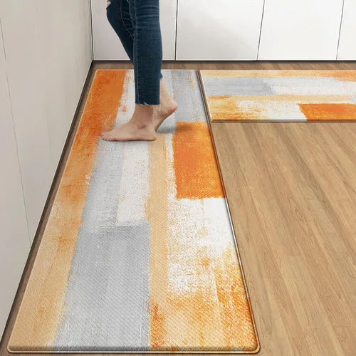 Vista 11 de Arttown Juego de 2 alfombras de cocina antifatiga con pintura marrón y gris, color beige, contemporánea, abstracta, acolchada, impermeable