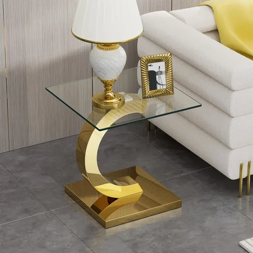 Vista 4 de Mesa auxiliar de cristal dorado de lujo, moderna mesa de centro cuadrada para sofá con base de acero inoxidable con espejo brillante, mesa de noche