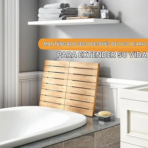 Vista 6 de Tapete de baño de bambú impermeable para ducha, tapete de madera para baño, plegable, antideslizante, resistente, tapete de ducha para interiores