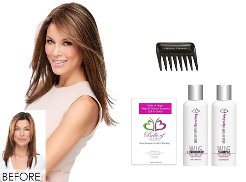 Vista 2 de Top Style 18 pulgadas sintético doble mono tramado Topper por Jon Renau, Peine, Mara Ray 4oz Luxury Shamp & Cond, 19 páginas Belle of Hope Wig Care