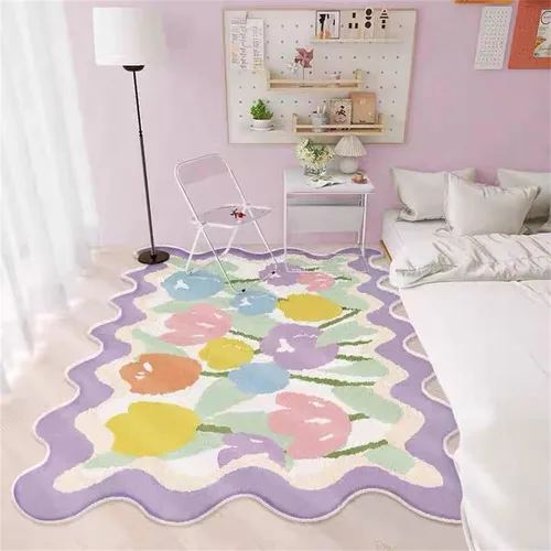 Vista 3 de Alfombra de área irregular morada, una alfombra decorativa moderna y simple impresa con patrones de tablero de ajedrez morado y blanco, tapete