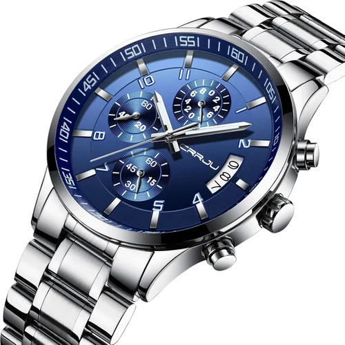 Vista 2 de CRRJU - Reloj de pulsera de acero inoxidable para hombre resistente al agua cronógrafo correa de acero inoxidable