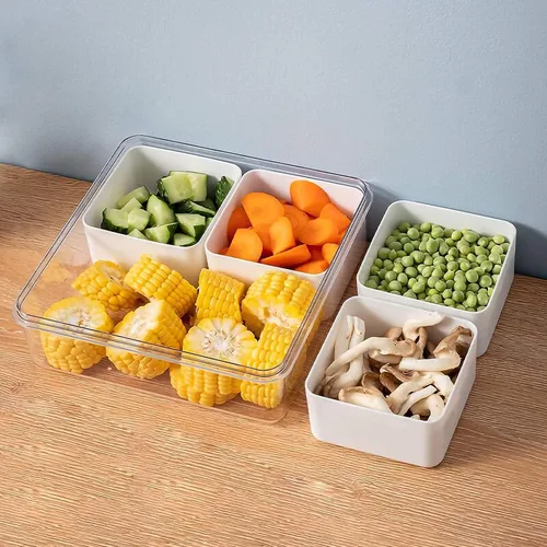 Vista 7 de Paquete de 3 Cajas Snackle Divididas Bandeja para Servir Verduras con Tapa Conservador de Ensaladas con 4 Cajas Removibles Contenedores